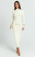 Amelita Midi Dress - Long Sleeve Knot Detail Dress in Cream