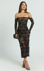 Amery Midi Dress - Off Shoulder Long Sleeve Stretch Fitted Skirt Dress in Black