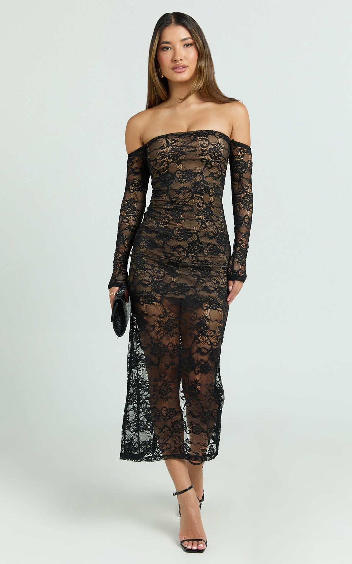 Amery Midi Dress - Off Shoulder Long Sleeve Stretch Fitted Skirt Dress in Black