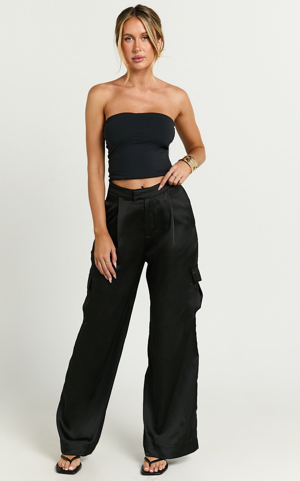 Amie Pants - High Waist Satin Tailored Cargo Pants in Black