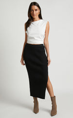 Andalucia Midi Skirt - Ribbed Side Split Skirt in Black