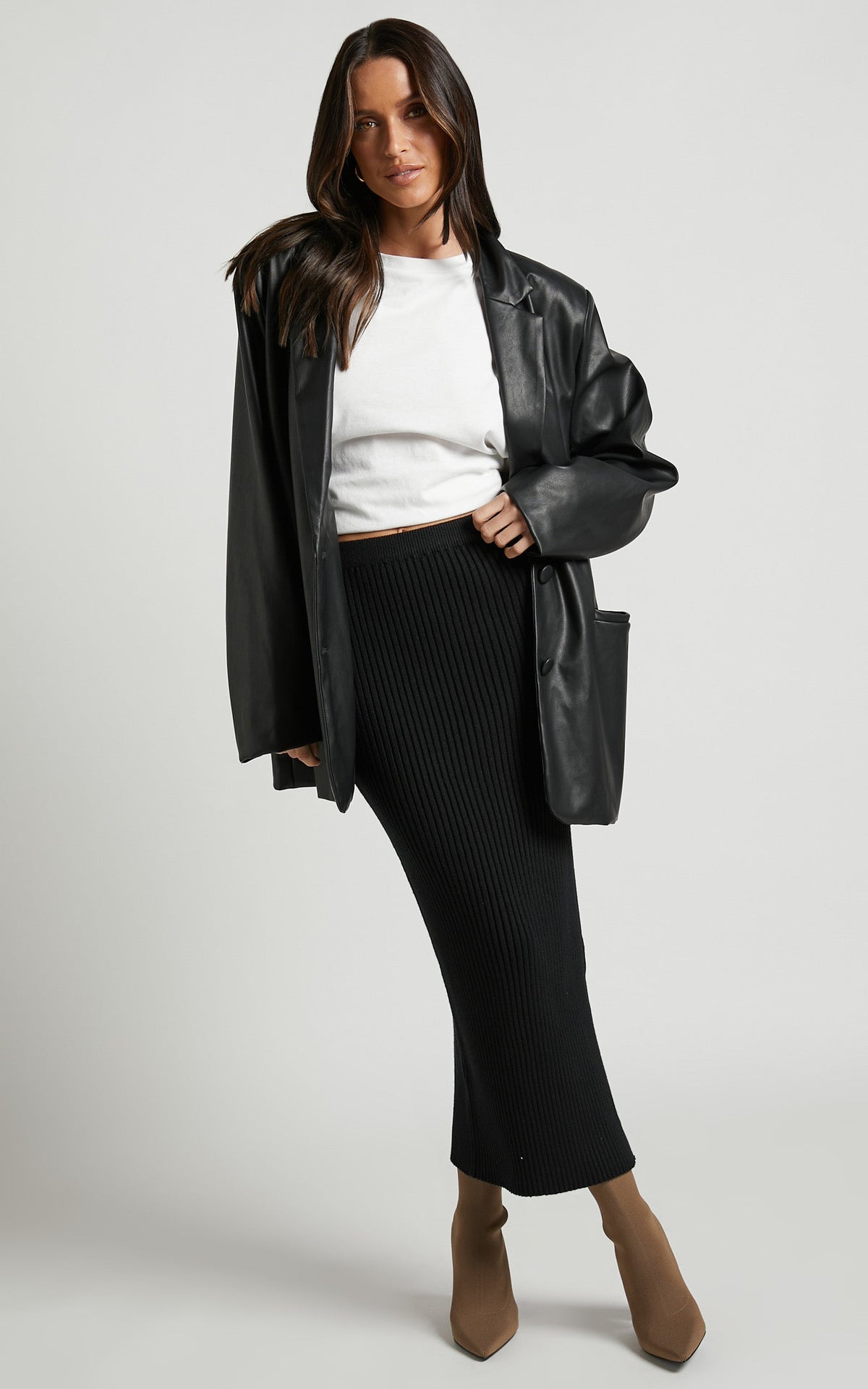 Andalucia Midi Skirt - Ribbed Side Split Skirt in Black