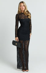 Andrea Maxi Dress - Lace High Neck Long Sleeve Dress in Black
