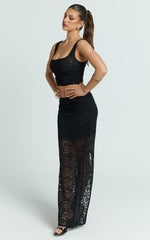 Andrea Two Piece Top and Skirt Set - Lace Cami Top And Midi Skirt in Black