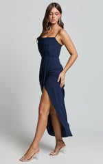 Andrina Midi Dress - High Low Wrap Corset Dress in Navy