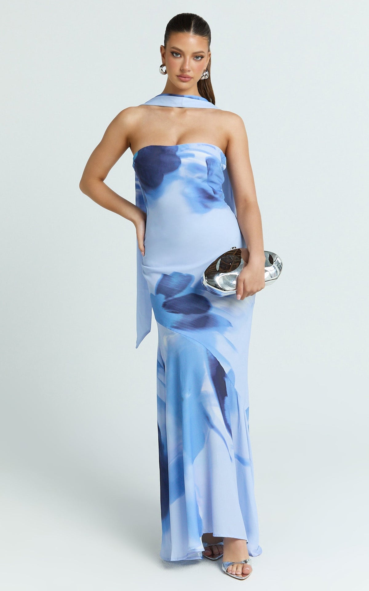 Angie Maxi Dress - Strapless Bias Column Dress with Scarf in Blue Print