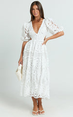 Anieshaya Midi Dress - V Neck Cut Out Lace Dress in White