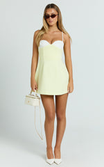 Anna Mini Dress - Contrast Neck Tulip Skirt Dress in Lemon and White