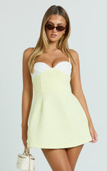 Anna Mini Dress - Contrast Neck Tulip Skirt Dress in Lemon and White