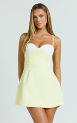 Anna Mini Dress - Contrast Neck Tulip Skirt Dress in Lemon and White