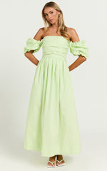 Annie Midi Dress - Off The Shoulder Ruffle Sleeve Pleated Dress in Lime