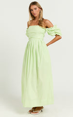 Annie Midi Dress - Off The Shoulder Ruffle Sleeve Pleated Dress in Lime