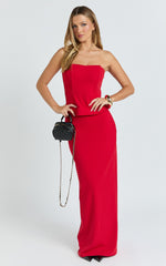 Anya Two Piece Top and Skirt Set - Strapless Fit And Flare Top And Maxi Skirt in Red