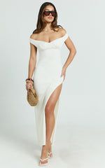 Anziel Maxi Dress - Underwire Off Shoulder Backless Column Jersey Tie Back in Off White