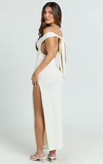 Anziel Maxi Dress - Underwire Off Shoulder Backless Column Jersey Tie Back in Off White