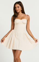April Mini Dress - Sweetheart Wide Pleated Dress in Sand