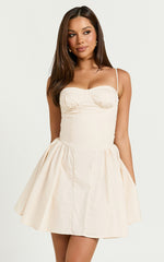 April Mini Dress - Sweetheart Wide Pleated Dress in Sand
