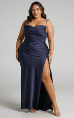 Ardent Maxi Dress - Cowl Neck Tie Back Satin Dress in Navy
