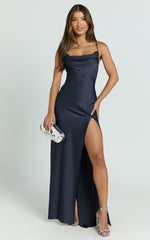 Ardent Maxi Dress - Cowl Neck Tie Back Satin Dress in Navy