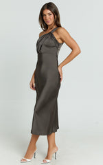 Aria Midi Dress - One Shoulder Twist Detail Satin Bias Cut Dress in Espresso