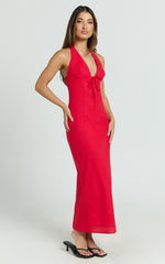 Arlette Midi Dress - Strappy V Neck Under Bust Gathered Tie Front Bias Slip Skirt Dress in Red