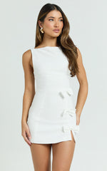 Arna Mini Dress - High Neck Fitted Bow Detail Leg Split Fitted Dress in White