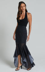 Artemisia Maxi Skirt - Frill Detail Sheer High Low Skirt in Black Polka