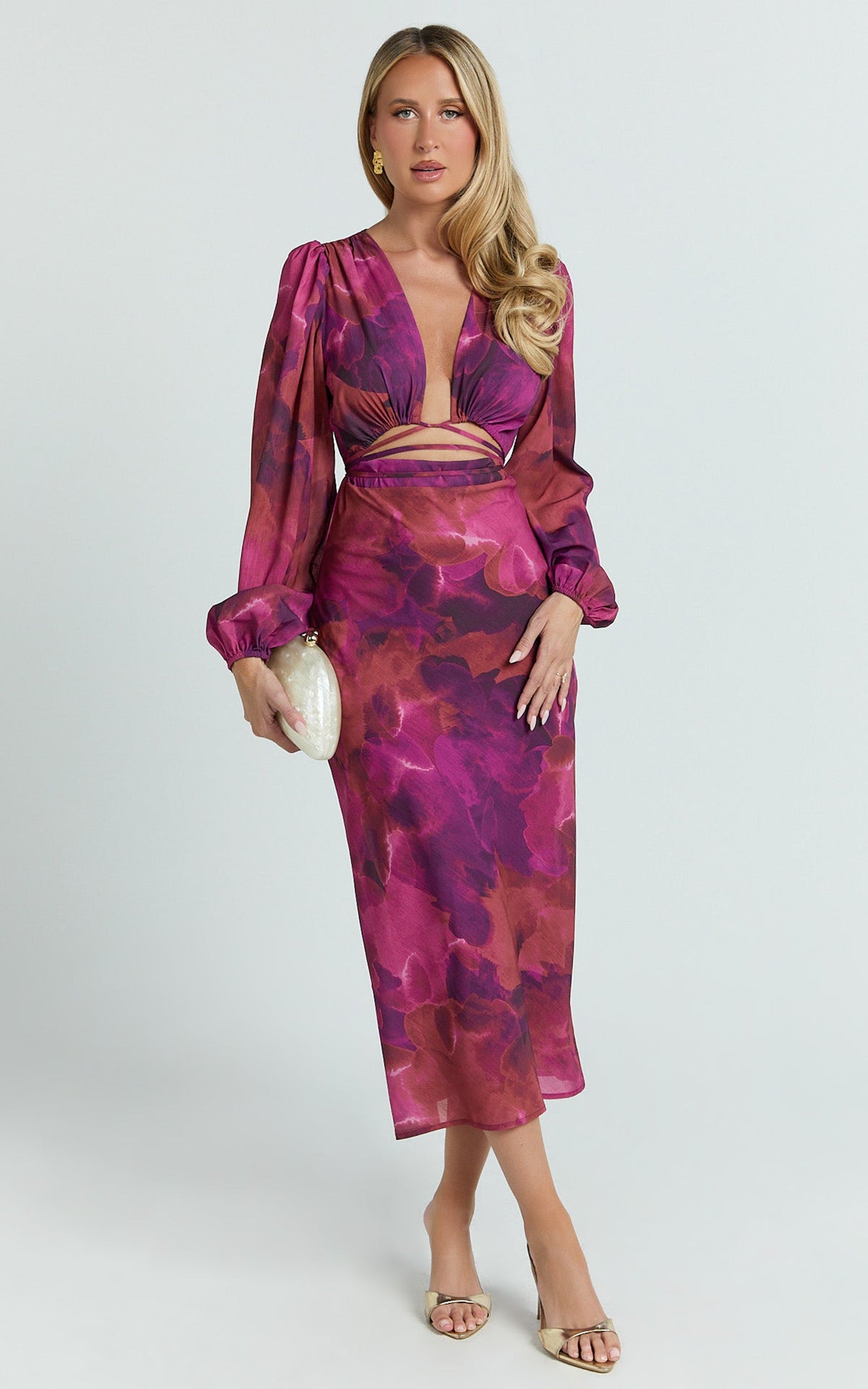 Artola Midi Dress - Front Cut Out Long Sleeve Dress in Blurred Dreams