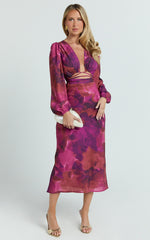 Artola Midi Dress - Front Cut Out Long Sleeve Dress in Blurred Dreams