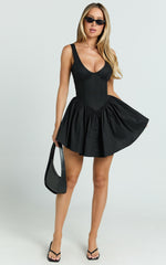 Ashlyn Mini Dress - Scoop Neck V Waist Gathered Dress in Black
