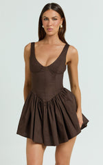Ashlyn Mini Dress - Scoop Neck V Waist Gathered Dress in Chocolate