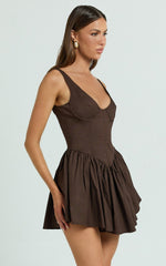 Ashlyn Mini Dress - Scoop Neck V Waist Gathered Dress in Chocolate