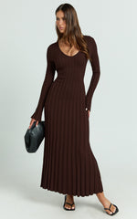 Astra Maxi Dress - V Neck Long Sleeve Knit Dress in Chocolate