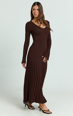Astra Maxi Dress - V Neck Long Sleeve Knit Dress in Chocolate