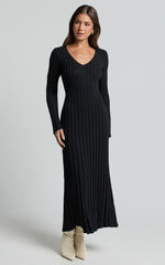 Astra Maxi Dress - V Neck Long Sleeve Knit Dress in Black