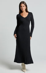 Astra Maxi Dress - V Neck Long Sleeve Knit Dress in Black