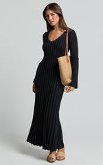 Astra Maxi Dress - V Neck Long Sleeve Knit Dress in Black