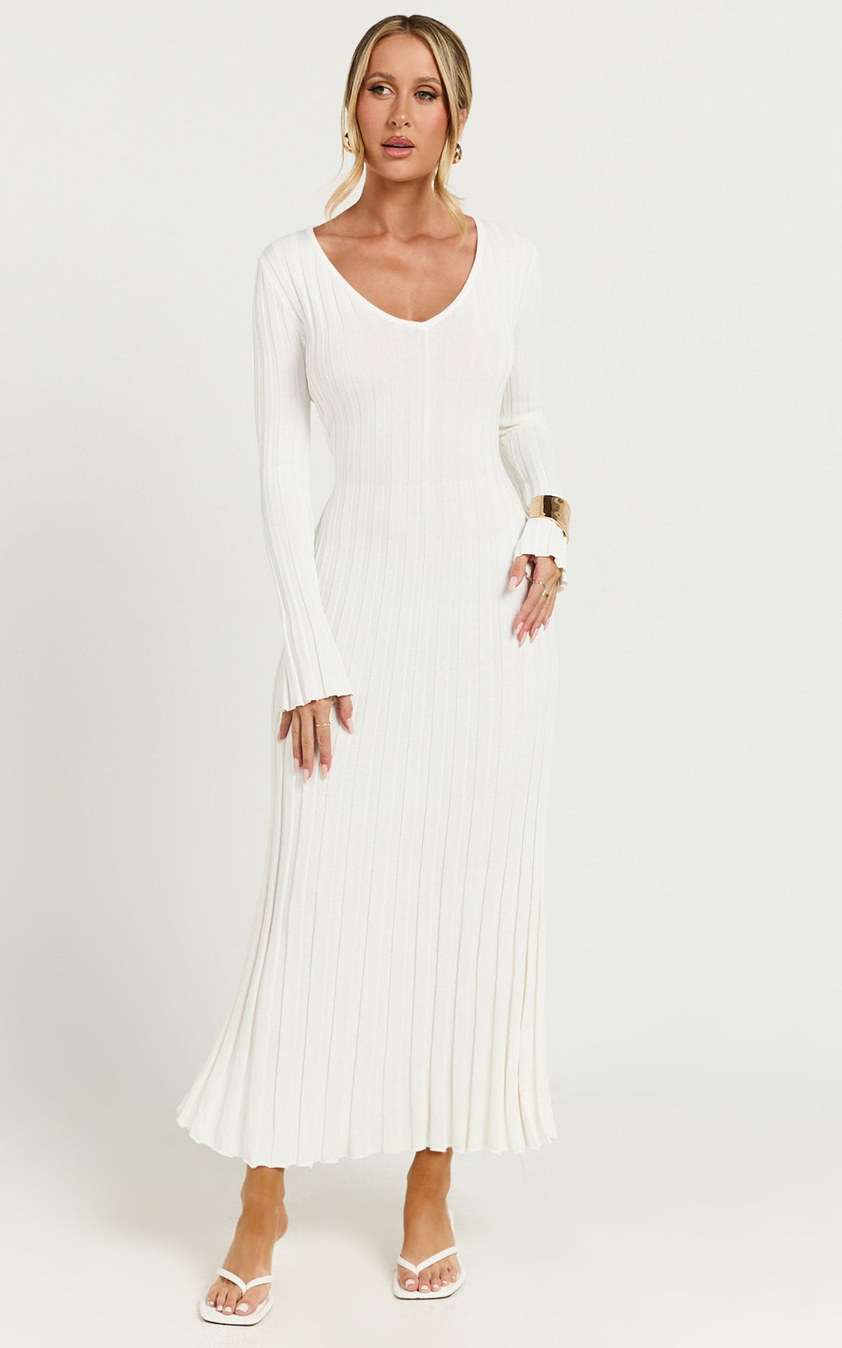 Astra Maxi Dress - V Neck Long Sleeve Knit Dress in White