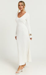 Astra Maxi Dress - V Neck Long Sleeve Knit Dress in White