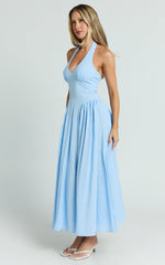 Athena Midi Dress - Halter Drop Waist Dress in Blue