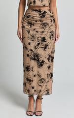 Athena Midi Skirt - Floral Mesh High Waist Skirt in Brown and Black Burnout