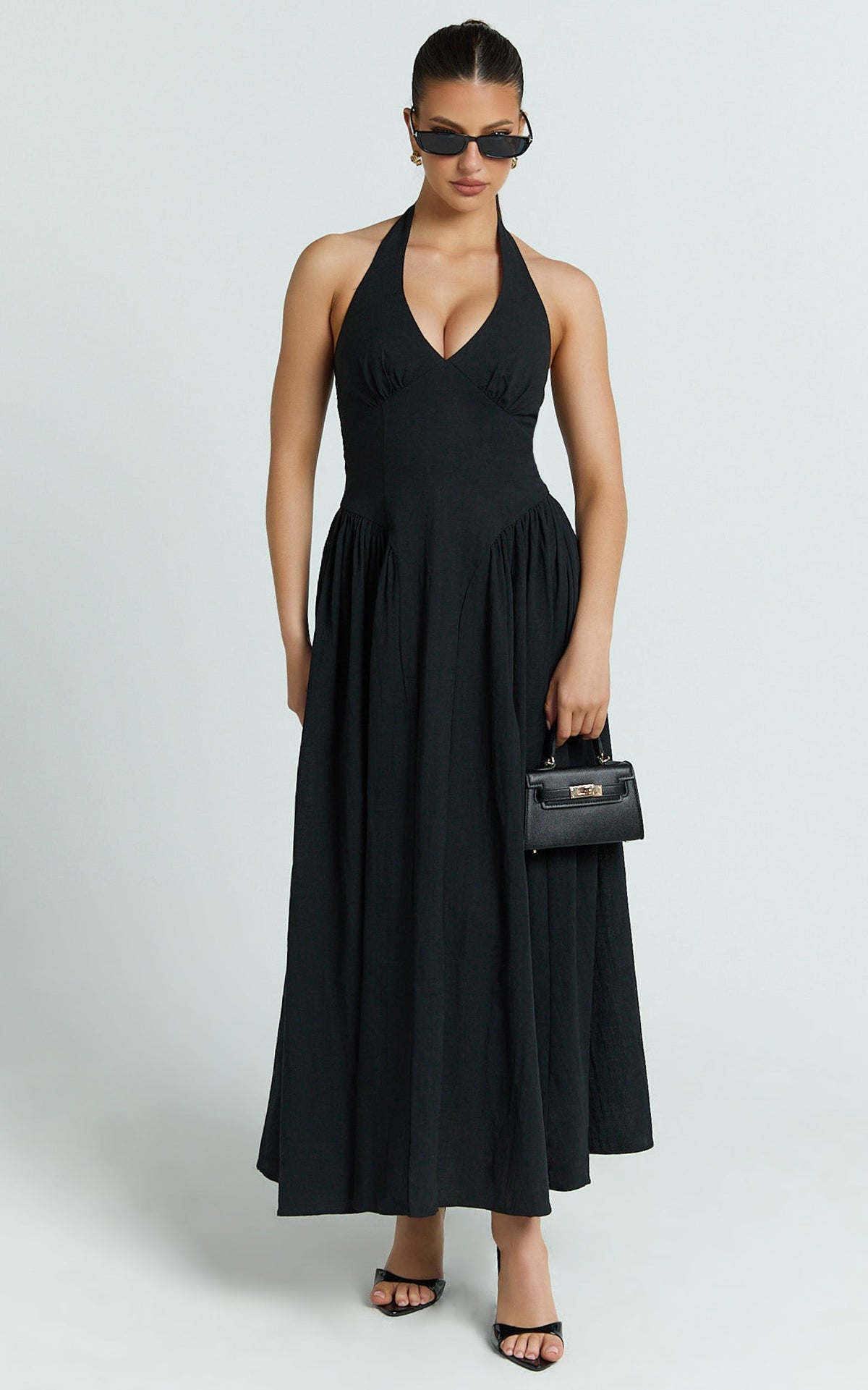Athena Midi Dress - Halter Drop Waist Dress in Black