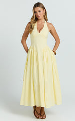 Athena Midi Dress - Halter Drop Waist Dress in Lemon