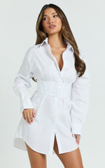 Athena Mini Dress - Collared Button Front Corset Waist Workwear Shirt Dress in White