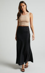 Collins Midi Skirt - Linen Look High Waisted Linen Look Bias Slip Skirt in Black