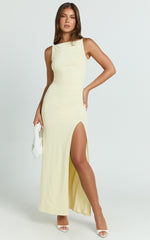 Audette Maxi Dress - Boat Neck Ruched Fitted Dress in Lemon