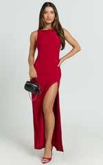 Audette Maxi Dress - Boat Neck Ruched Fitted Dress in Red