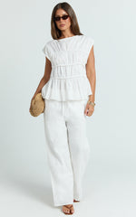 Auric Two Piece Set - Ruched Detail Top and Wide Leg Pants Set in Cream