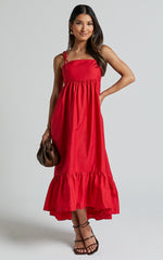 Aveiro Midi Dress - Straight Neck Shoulder Tie High Low Ruffle Hem in Red