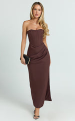 Avery Midi Dress - Strapless Draped Side Split Dress in Chocolate